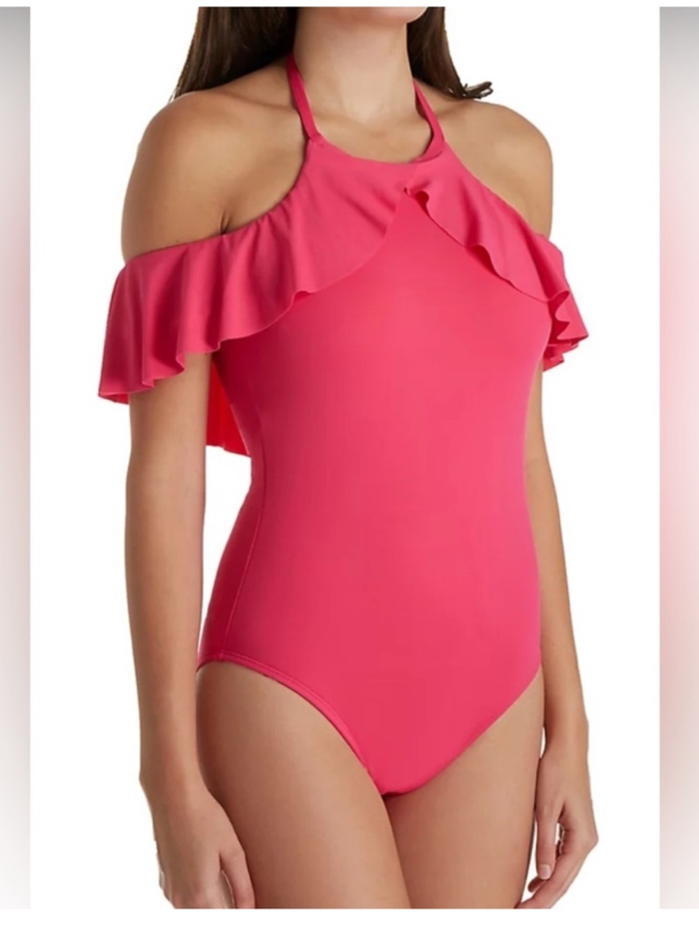 La Blanca Island Goddess One Piece Halter Ruffle Off Shoulder Swim Suit Pink 14